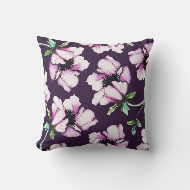 Modern Purple Watercolor & Ink Flowers Cushion (Front)