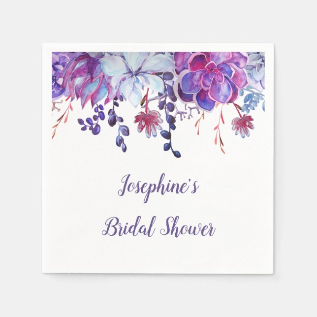Modern Purple Watercolor Succulents Bridal Shower Napkin (Front)