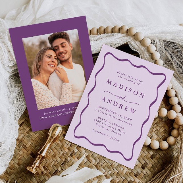 Modern Purple Wavy Frame Photo Wedding Invitation (Creator Uploaded)