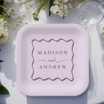 Modern Purple Wavy Frame Wedding Paper Plate<br><div class="desc">Add a stylish touch to your wedding reception, rehearsal dinner, engagement party, or wedding shower with these Modern Purple Wavy Frame paper plates. The retro wedding paper plates display the couple's names in bold purple lettering surrounded by a purple wavy border contrasting with a light purple background. The trendy wedding...</div>