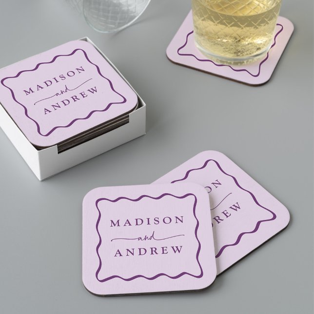 Modern Purple Wavy Frame Wedding Square Paper Coaster (Creator Uploaded)