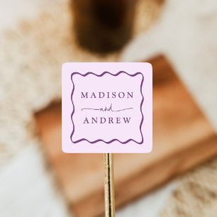 Modern Purple Wavy Frame Wedding Square Sticker