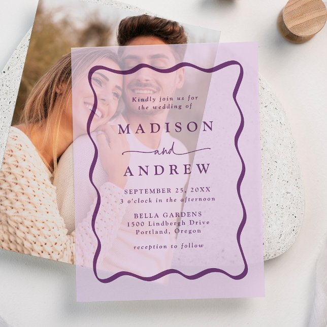 Modern Purple Wavy Frame Wedding Vellum Invitations (Creator Uploaded)