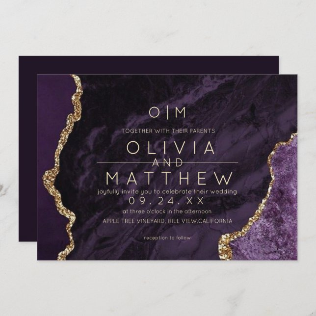 Modern Purple Wedding  Gold Glitter Agate Wedding  Invitation (Front/Back)
