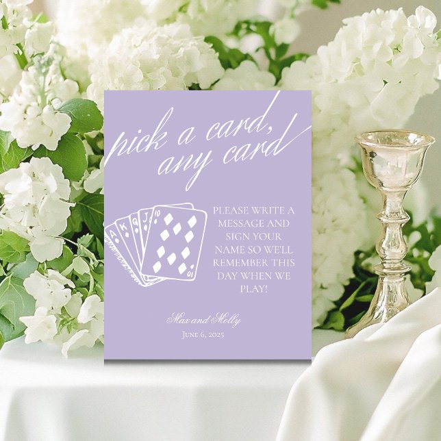 Modern Purple Wedding Playing Cards Pedestal Sign (Add a fun touch to your wedding or event with this modern serif playing cards guest book sign.)