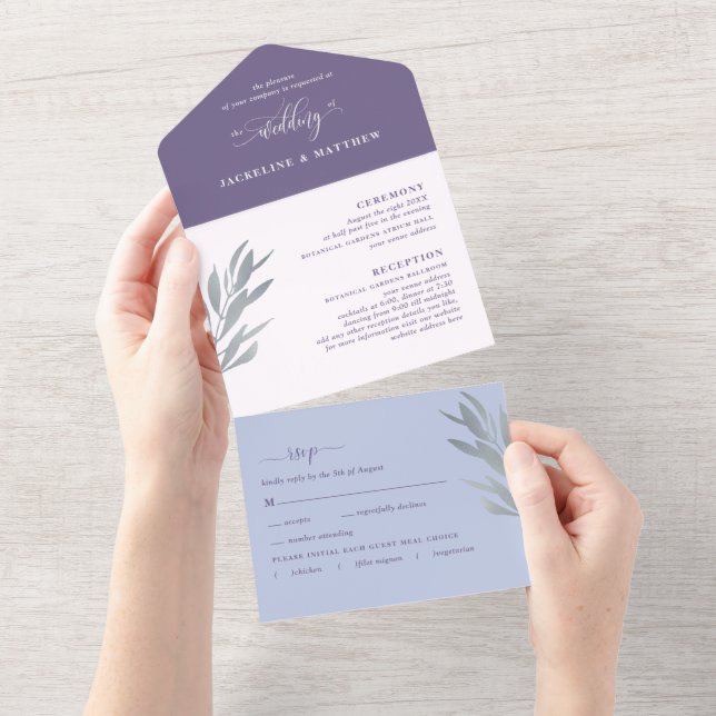 Modern Purple Wedding with Perforated RSVP All In One Invitation (Tearaway)