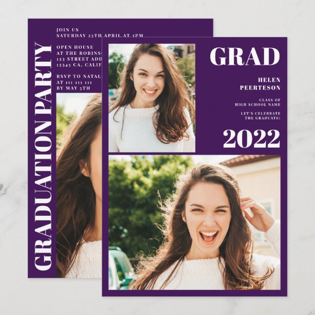 Modern purple white 3 photos graduation invitation (Front/Back)
