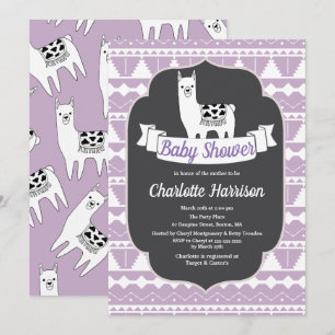 Modern Purple & White Aztec Llamas Baby Shower Invitation