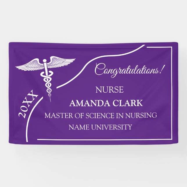 Modern Purple & White Caduceus Nurse Graduation Banner (Horizontal)