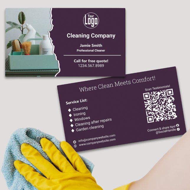 Modern Purple White Cleaning Company Business Card (Modern Purple White Cleaning Company Business Card - Logo - Motto - List - QR code - Social Connect)