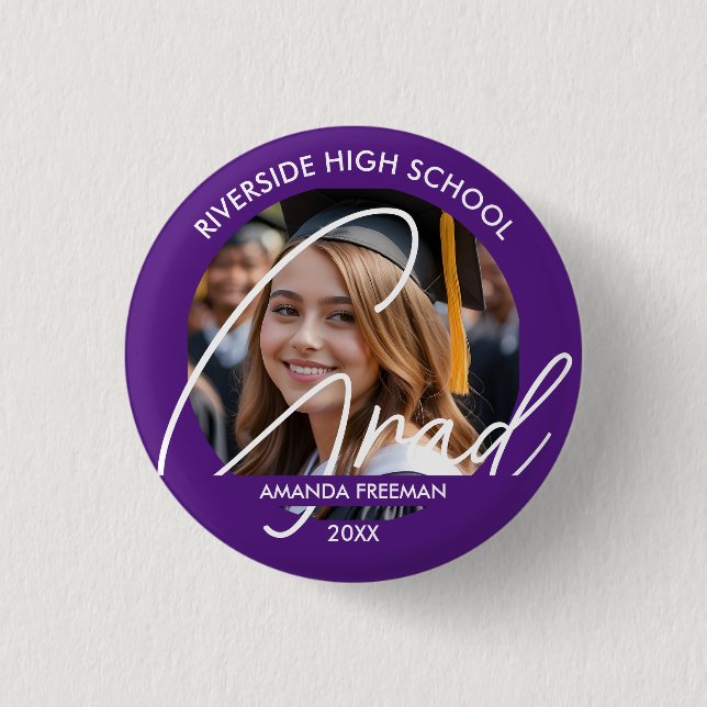 Modern Purple & White Customised Graduate Photo 3 Cm Round Badge (Front)