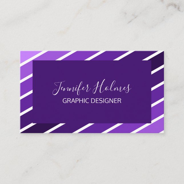 Modern Purple White Diagonal Stripes Business Card (Front)