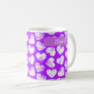 Modern Purple White Doodled Heart Valentine Name Coffee Mug