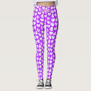 Modern Purple White Doodled Heart Valentine Name Leggings