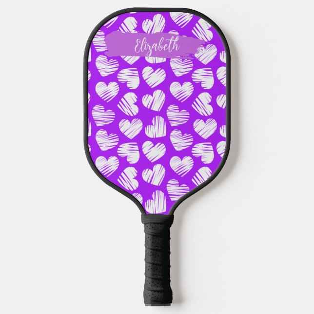 Modern Purple White Doodled Heart Valentine Name Pickleball Paddle (Front)