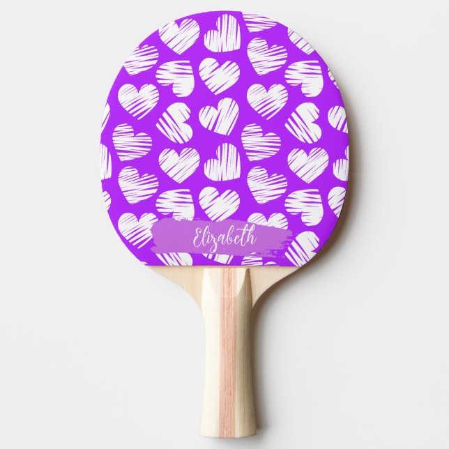Modern Purple White Doodled Heart Valentine Name Ping Pong Paddle (Front)