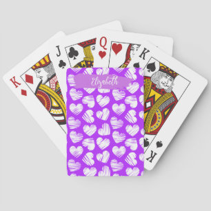 Modern Purple White Doodled Heart Valentine Name Playing Cards
