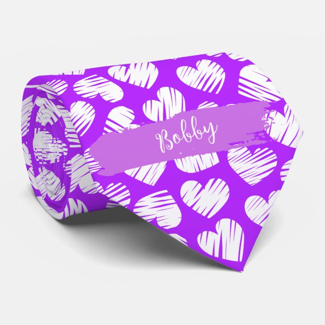 Modern Purple White Doodled Heart Valentine Name Tie (Rolled)