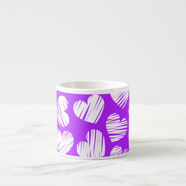 Modern Purple White Doodled Heart Valentine's Day Espresso Cup (Front)