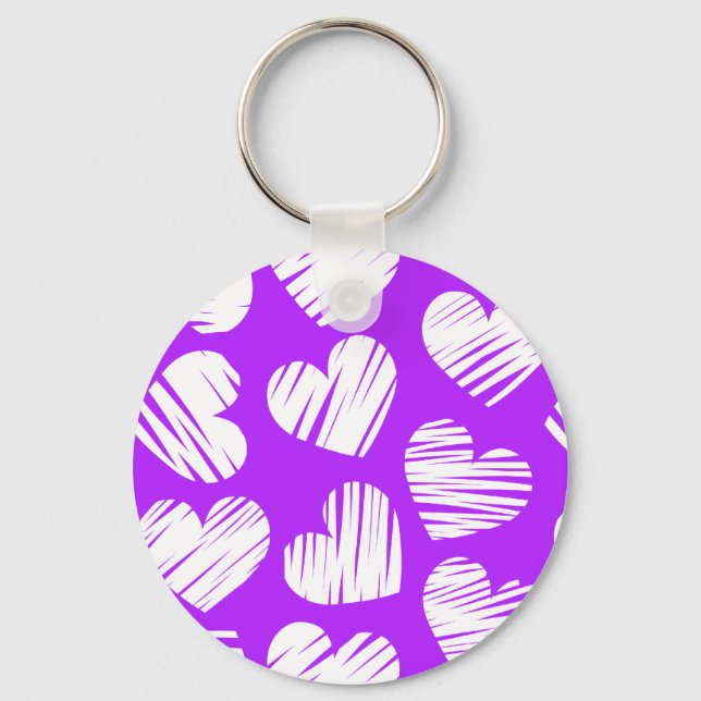 Modern Purple White Doodled Heart Valentine's Day Key Ring (Front)