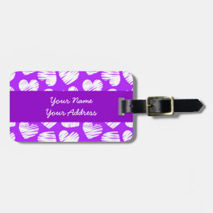 Modern Purple White Doodled Heart Valentine's Day Luggage Tag