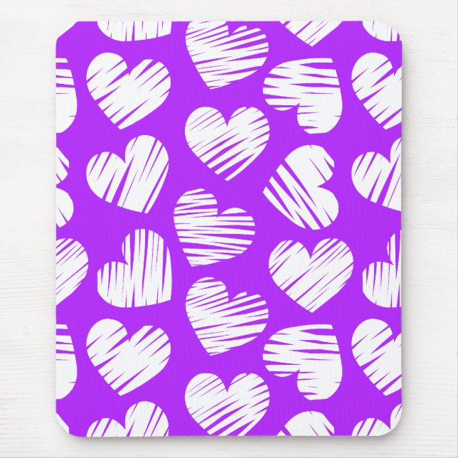 Modern Purple White Doodled Heart Valentine's Day Mouse Mat (Front)