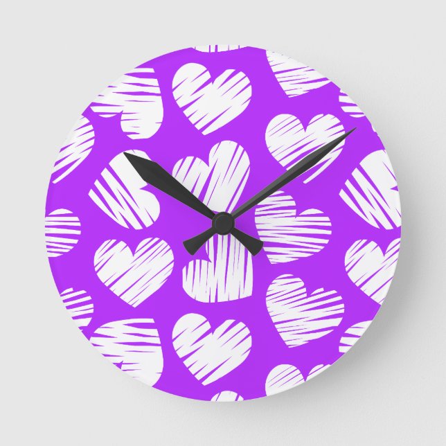 Modern Purple White Doodled Heart Valentine's Day Round Clock (Front)