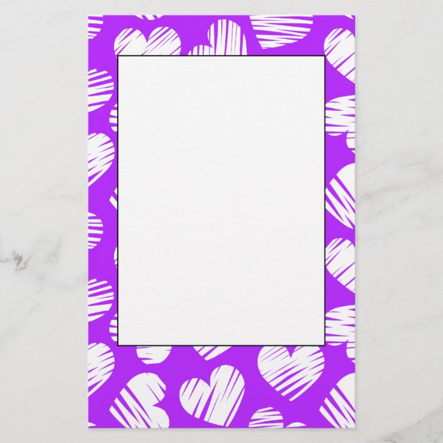 Modern Purple White Doodled Heart Valentine's Day Stationery (Front)