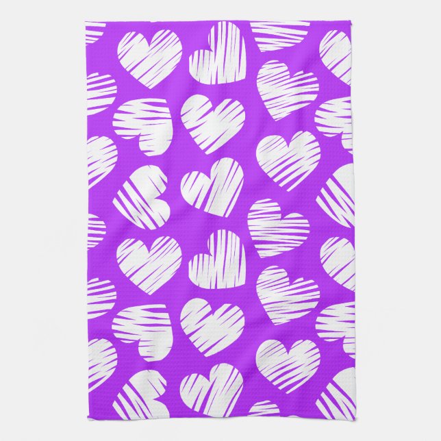 Modern Purple White Doodled Heart Valentine's Day Tea Towel (Vertical)