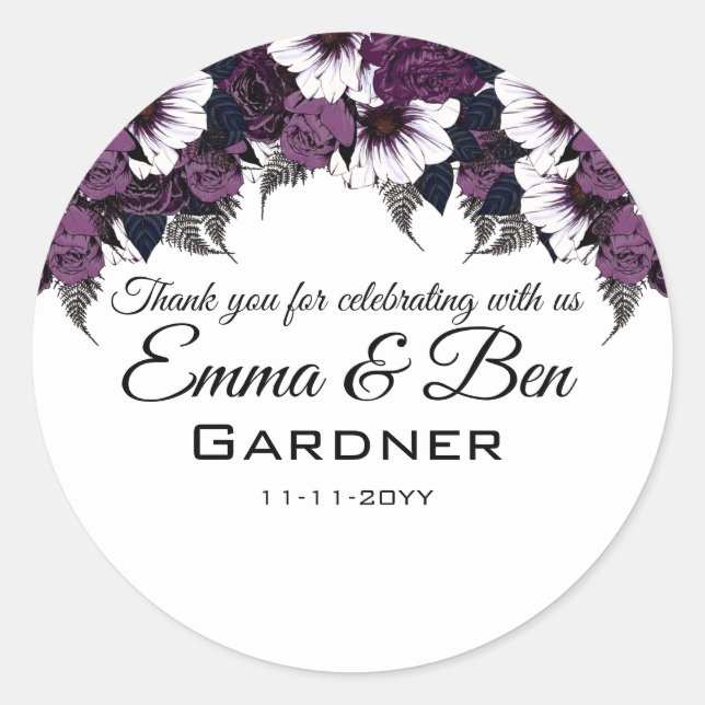 Modern Purple White Floral Wedding Classic Round Sticker (Front)