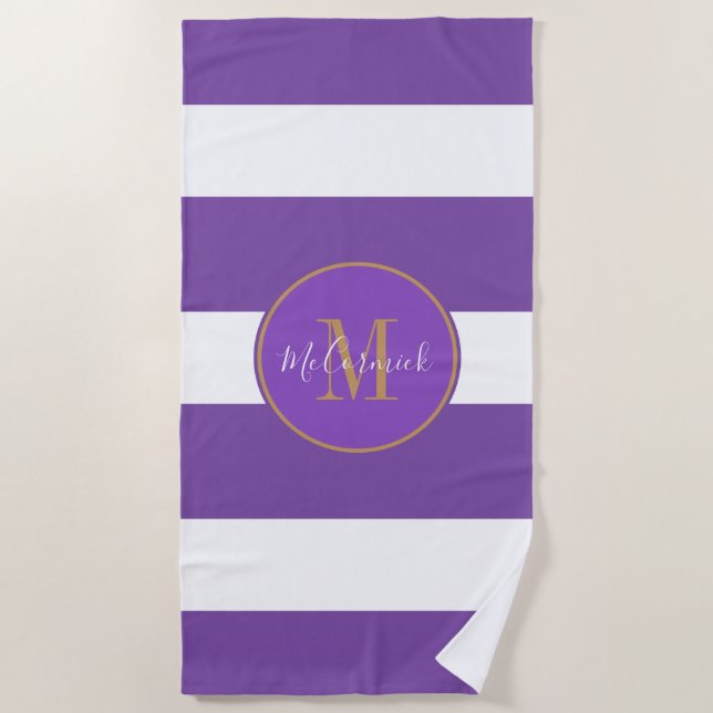 Modern Purple White Gold Stripes Monogram Beach Towel (Front)