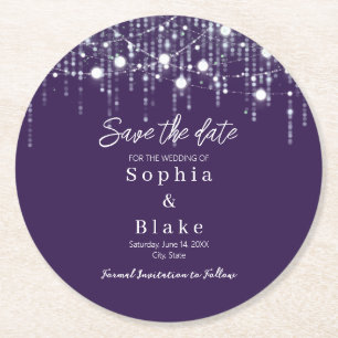 Modern Purple & White Hanging Lights Save the Date Round Paper Coaster