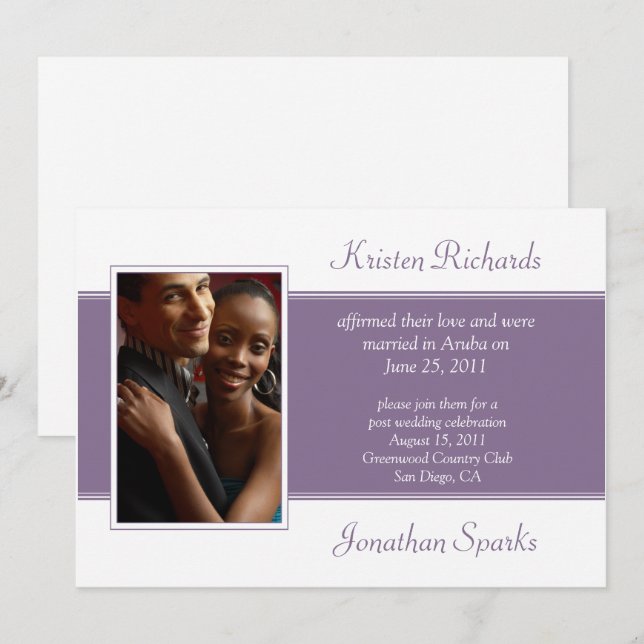 Modern Purple White Photo Post Wedding Celebration Invitation (Front/Back)