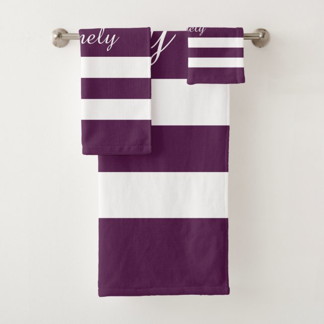 Modern Purple White Striped Pattern Name Bath Towel Set (Insitu)