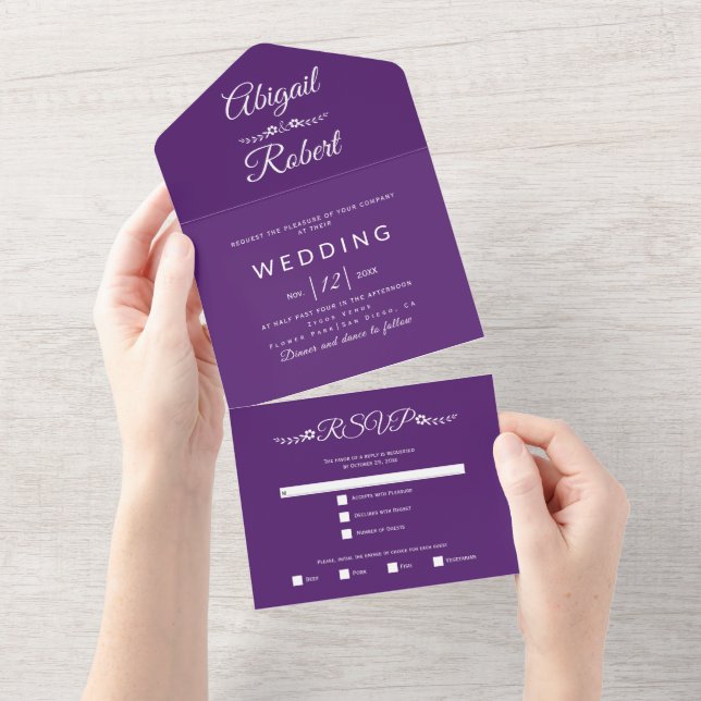 Modern purple, white typography wedding   all in one invitation (Tearaway)