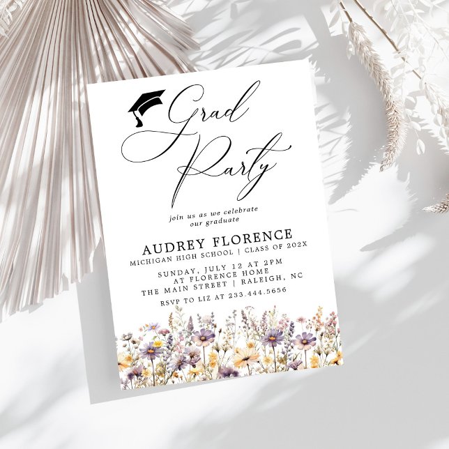 Modern Purple Wildflowers Floral Grad Party Invitation (Creator Uploaded)