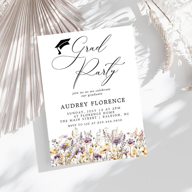 Modern Purple Wildflowers Floral Grad Party Invitation (Creator Uploaded)