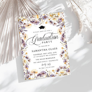 Modern Purple Wildflowers Script Graduation Party Invitation