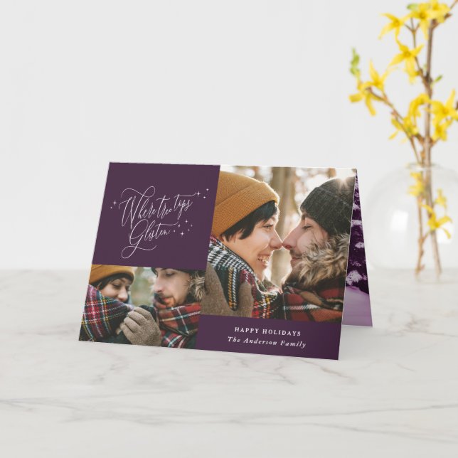 Modern purple winter forest multi photo Christmas Card (Yellow Flower)
