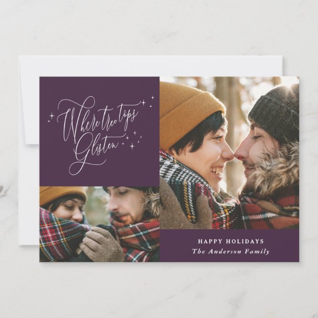 Modern purple winter forest multi photo Christmas Holiday Card (Front)