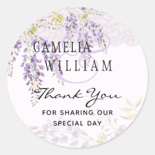 Modern Purple Wisteria Floral Lace Wedding Classic Round Sticker