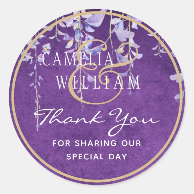 Modern Purple Wisteria Lace Wedding Classic Round Sticker (Front)