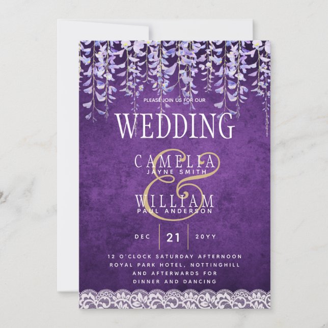 Modern Purple Wisteria Lace Wedding Invitation (Front)