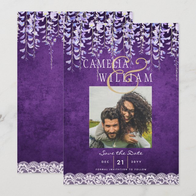 Modern Purple Wisteria Lace Wedding Invitation (Front/Back)