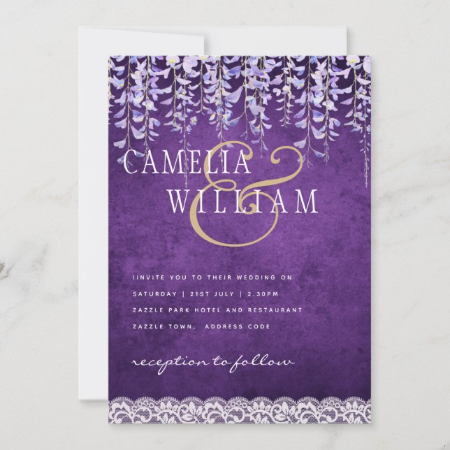 Modern Purple Wisteria Lace Wedding Invitation (Front)