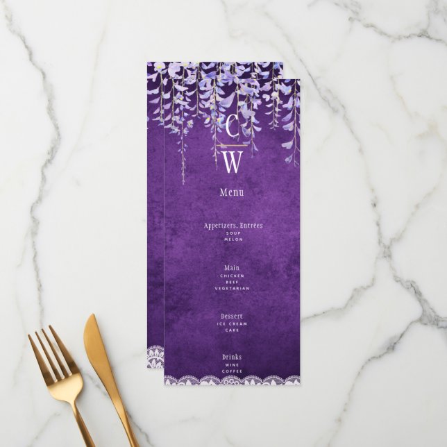 Modern Purple Wisteria Lace Wedding Menu (Front/Back In Situ)