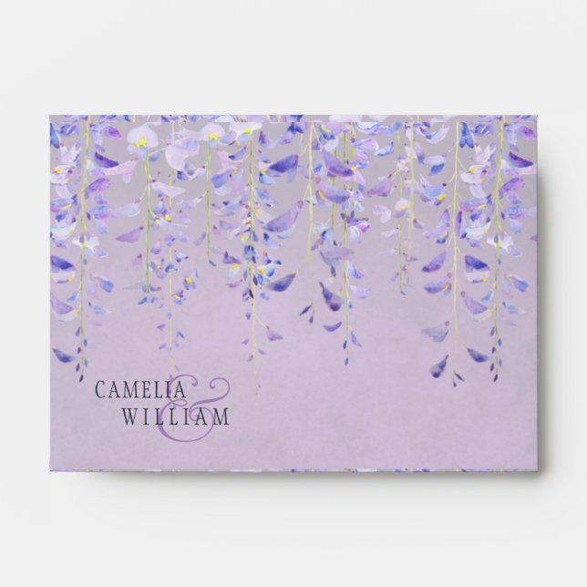 Modern Purple Wisteria Lace Wedding RSVP Envelope (Front)
