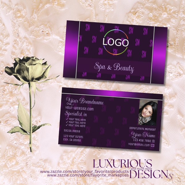 Modern Purple with Logo Photo and Monogram Pattern Business Card (Creator Uploaded)