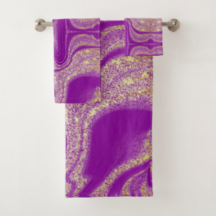 Modern purple yellow abstract marble pattern bath towel set