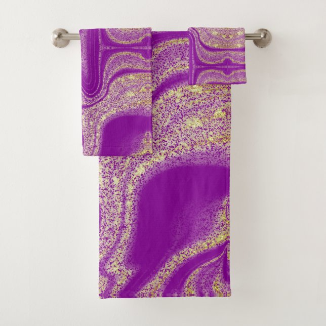 Modern purple yellow abstract marble pattern bath towel set (Insitu)